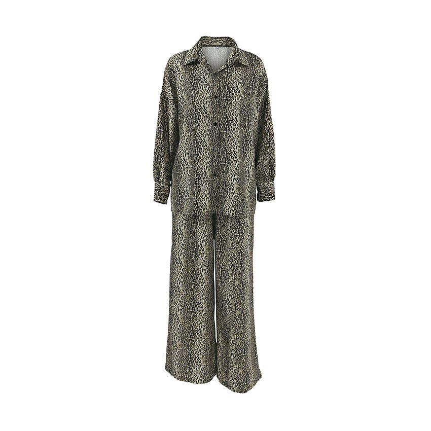 Fashionable Leopard Print Loose Ice Silk Pajamas Set