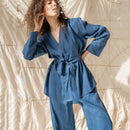 Cotton Linen Women Pajama Robe Sets Blue