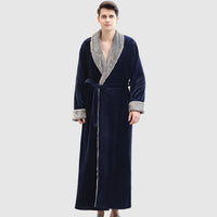 Plus Size Long Bathrobe Coral Fleece Full Length Pajamas Navy Blue