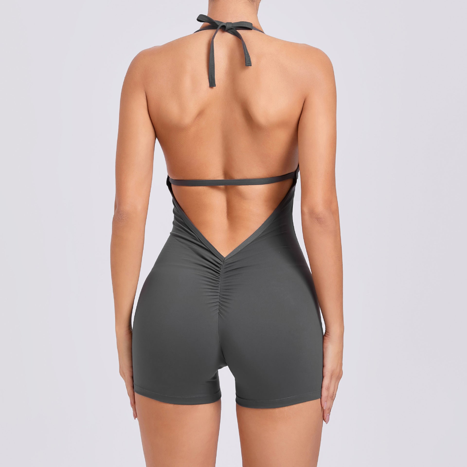 Yoga Pants Halter Neck Jumpsuit Beauty Back Shorts High Elastic One-piece Fitness For Womens Clothing Grey M