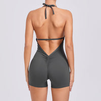 Yoga Pants Halter Neck Jumpsuit Beauty Back Shorts High Elastic One-piece Fitness For Womens Clothing Grey S