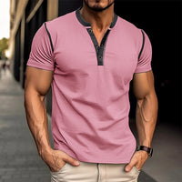 Short-sleeved Polo Shirt Summer Button V-neck T-shirt Tops Pink L