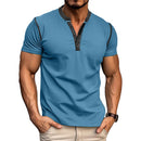 Short-sleeved Polo Shirt Summer Button V-neck T-shirt Tops Blue XXL