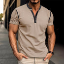 Short-sleeved Polo Shirt Summer Button V-neck T-shirt Tops Khaki L