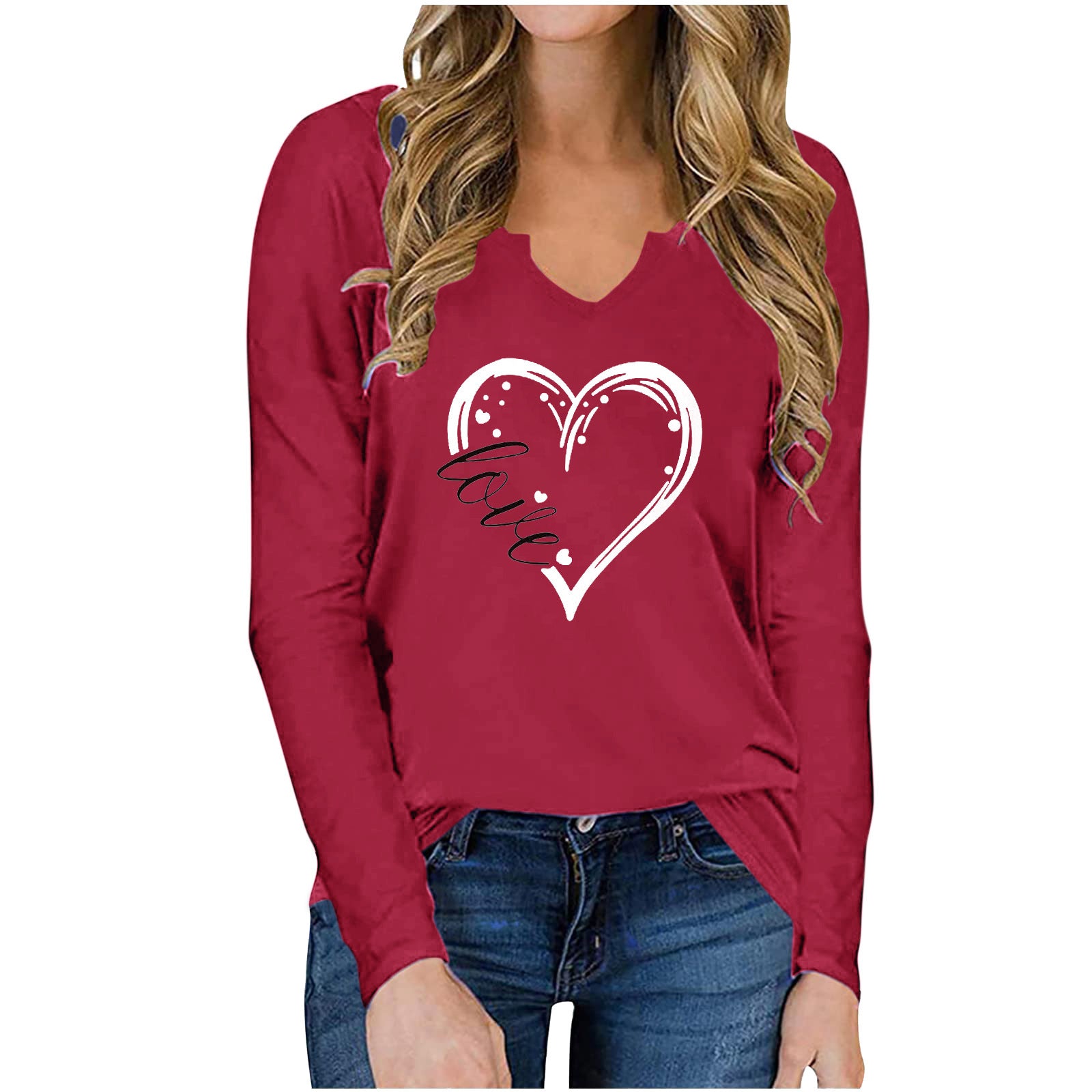 Vneck Valentines Day Printed Tshirt Cross-border Longsleeved Loose Top Red