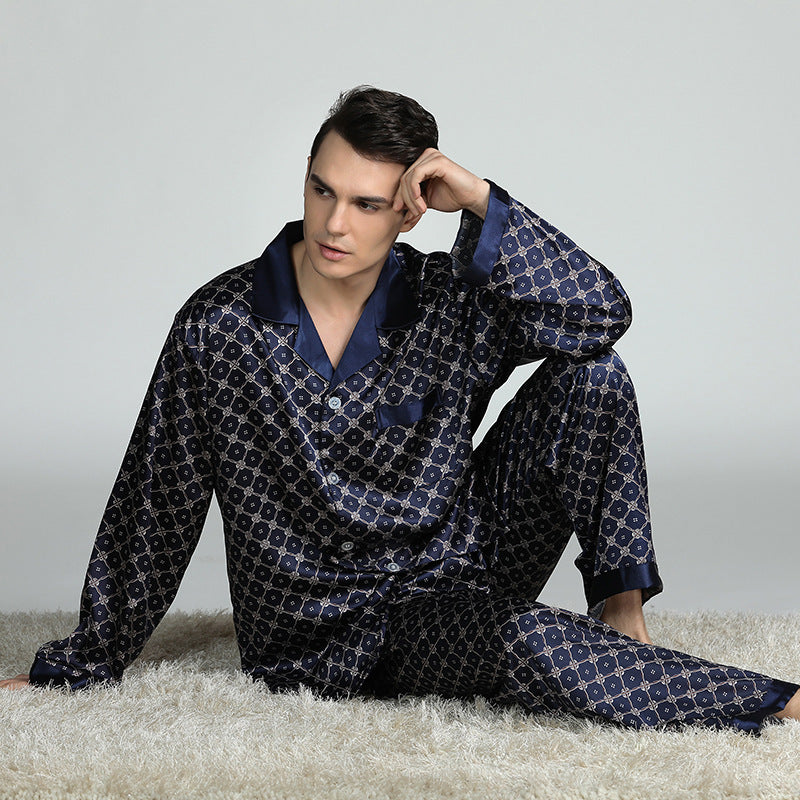 Men's Printed Silk Pajamas for Spring Navy Blue