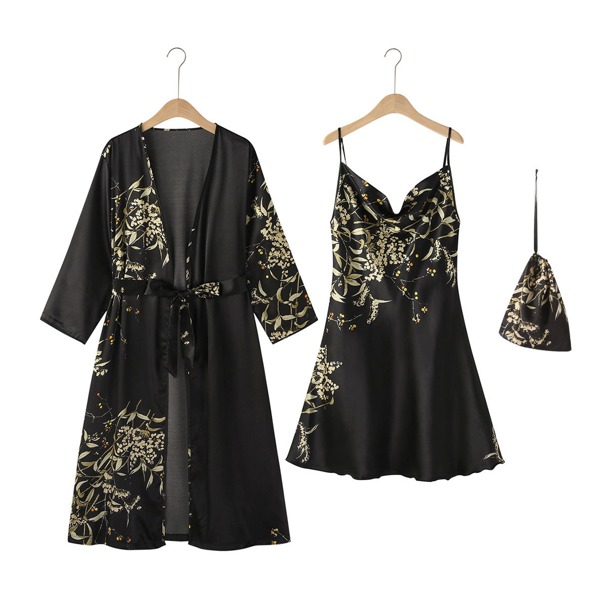 Luxury Simulation Silk Thin Style Sleeping Robe and Gown Sleepwear Set Black