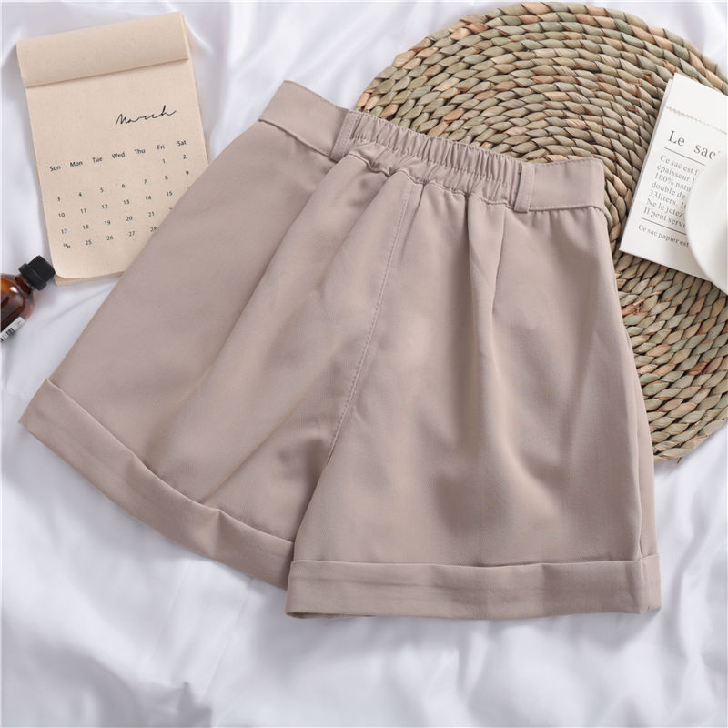 Solid Color All-match Roll-up Wide-leg Casual Shorts Khaki