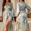 Black Print Flower Long Robe Nightgown Silk Blue Robe L