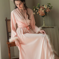 Women's Feather Satin Long Robe Pink