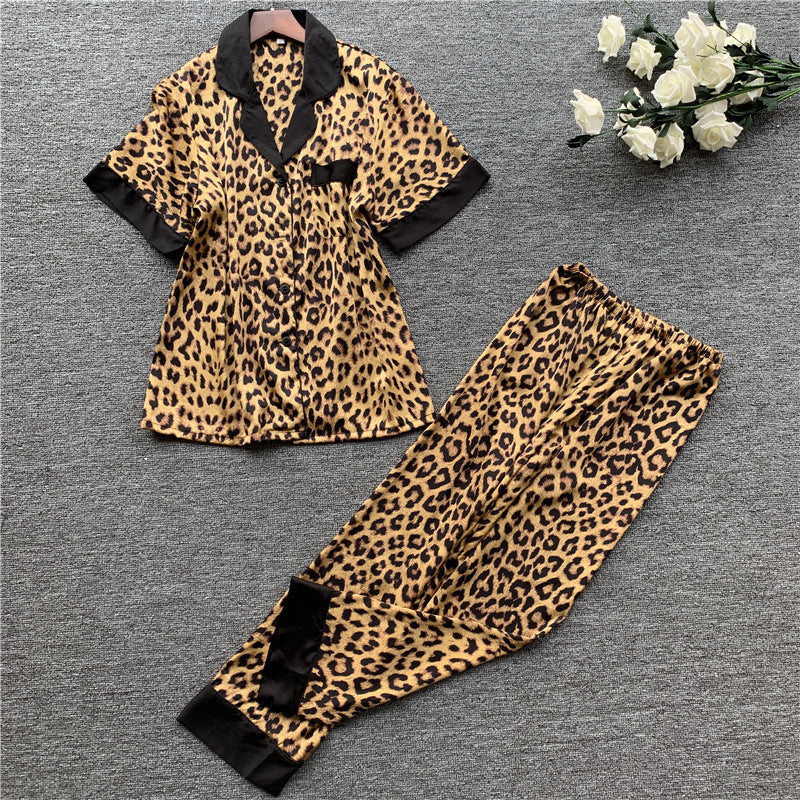 Silk Animal Print Pajamas Set With Lapels For Women