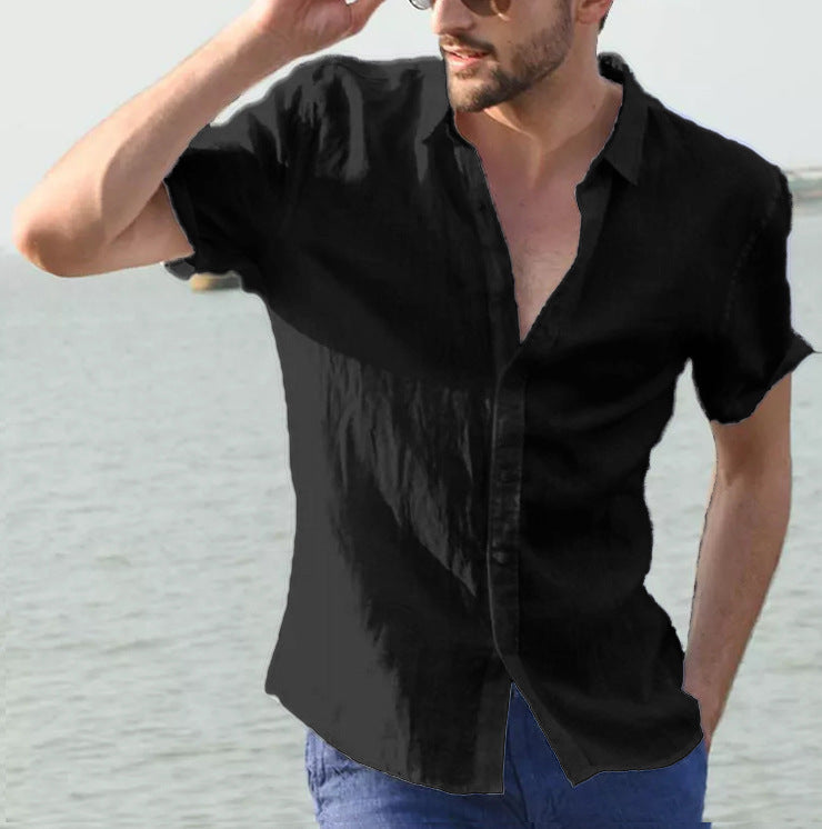 Summer Short-sleeved Shirt Casual Button Tops Men Clothing Black