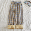 Fleece Cashmere Plaid Wide-Leg Casual Pants Blue Plaid, Brushed Average Size