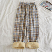 Fleece Cashmere Plaid Wide-Leg Casual Pants Blue Plaid, Brushed Average Size