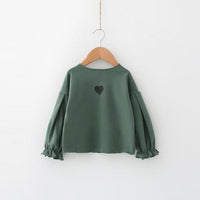 Adorable Korean-Inspired Puff-Sleeve T-shirt With Playful Love-Print Design Dark green