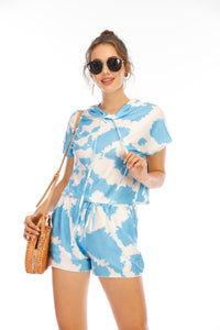 2-Piece Tie-dye Loungewear Athleisure Short-sleeved Suit Blue