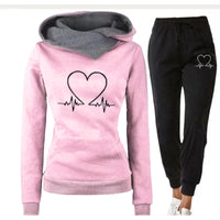 2-Piece Sports Suit Hooded Sweatshirt With Printed Heart Design And Drawstring Pants For Women