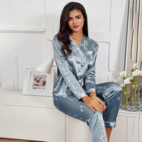 Spring women Silk Pyjamas set F Blue Gray M