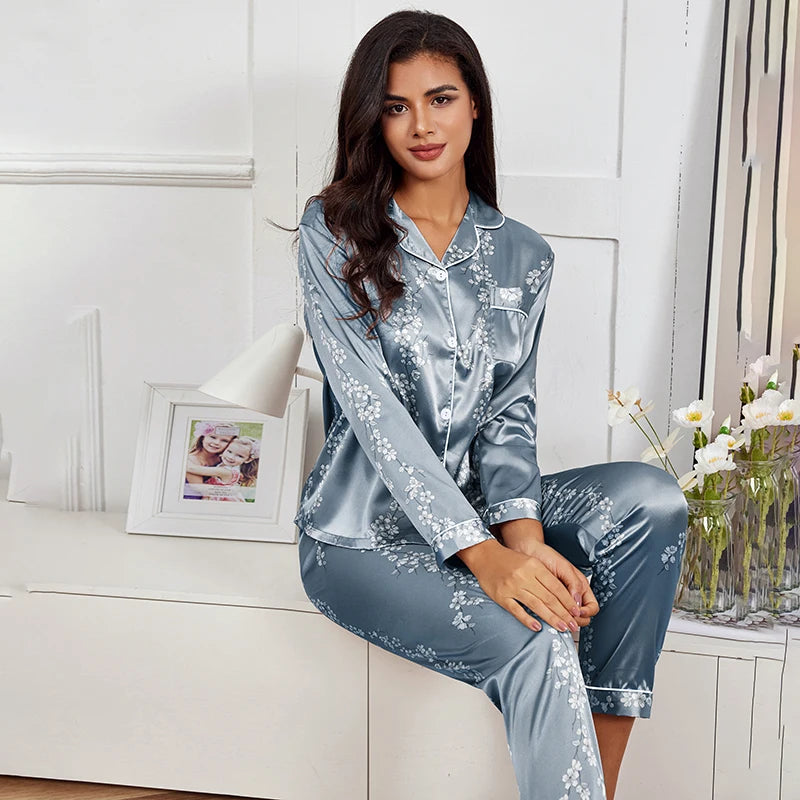 Spring women Silk Pyjamas set F Blue Gray M