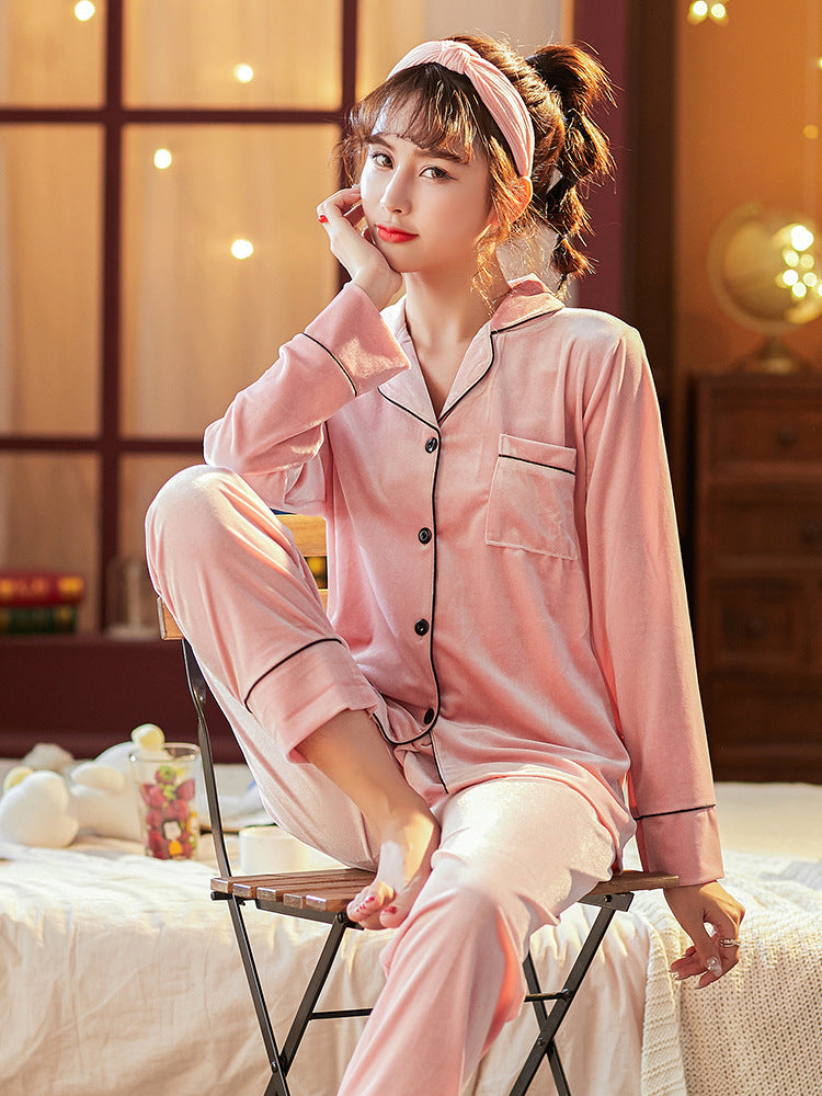 Couple Gold Velvet Long Sleeve Pajamas Pink Woman