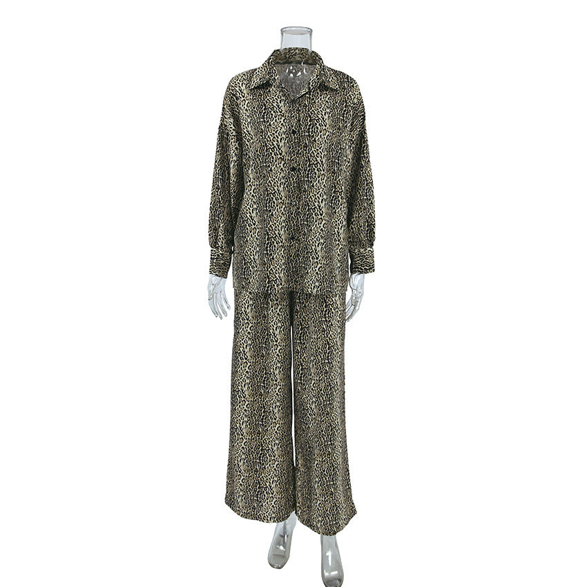 Fashionable Leopard Print Loose Ice Silk Pajamas Set Leopard Print