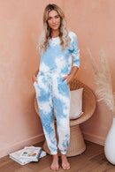 One Piece Tie Dye Print Pajamas Loungewear For Women 8858Sky Blue