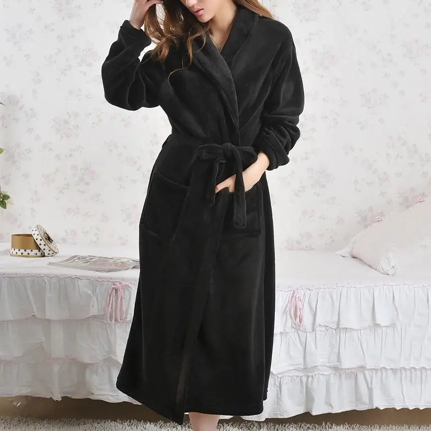 Coral Fleece Long Robe Kimono Gown Black XL