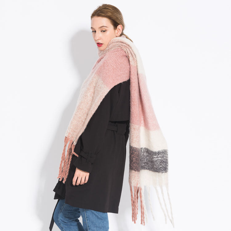 Check print fringed cashmere scarf Pink