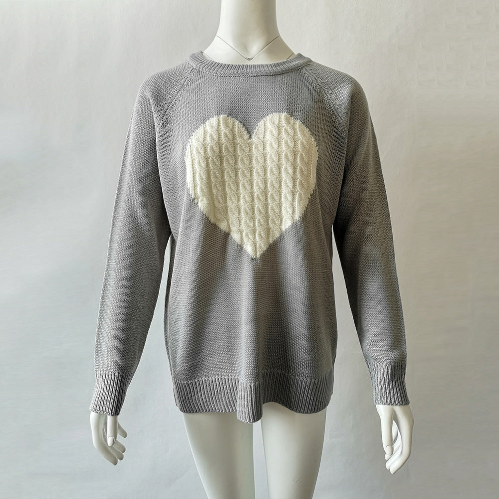 Spring and Autumn Themed Solid Color Pullover Sweater With Love Printed For Women