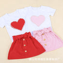 European And American Inspired 2-Piece White Short Sleeve With Pearl Love Design + Baby Bow Skirt Set For Girls