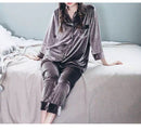 Couple Gold Velvet Long Sleeve Pajamas Dark Grey Woman