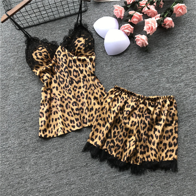 Silk Animal Print Pajamas Set With Lapels For Women