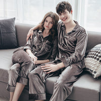 Couple Gold Velvet Long Sleeve Pajamas Dark Grey Man