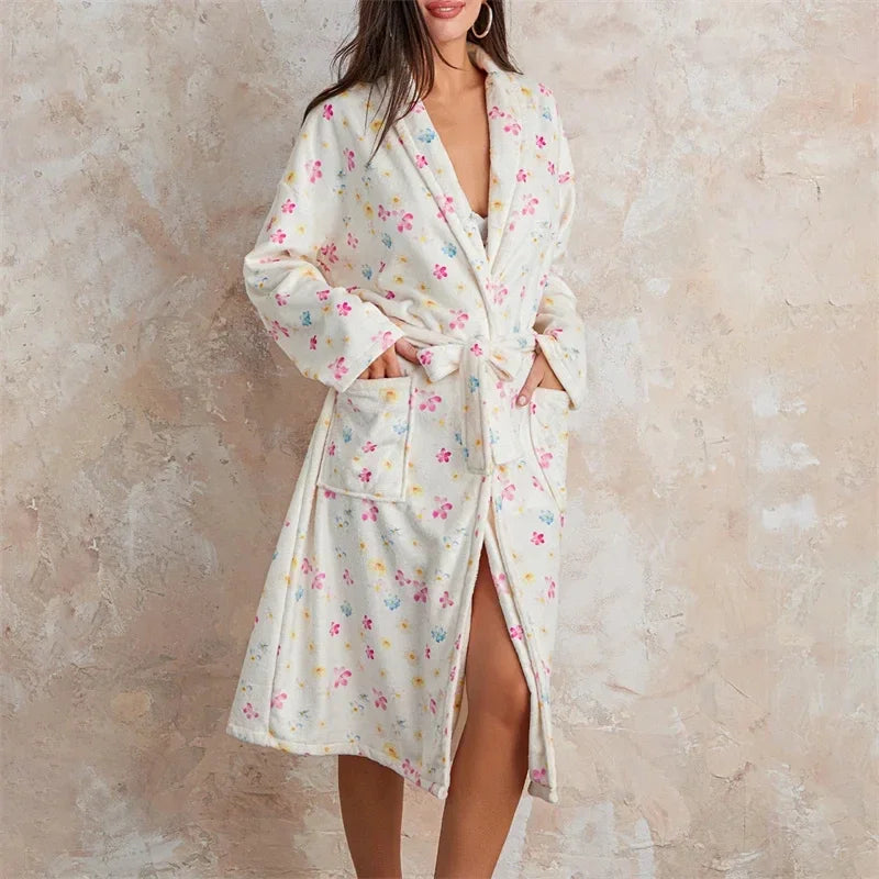 Women Flannel Robe Sleepwear Floral Print