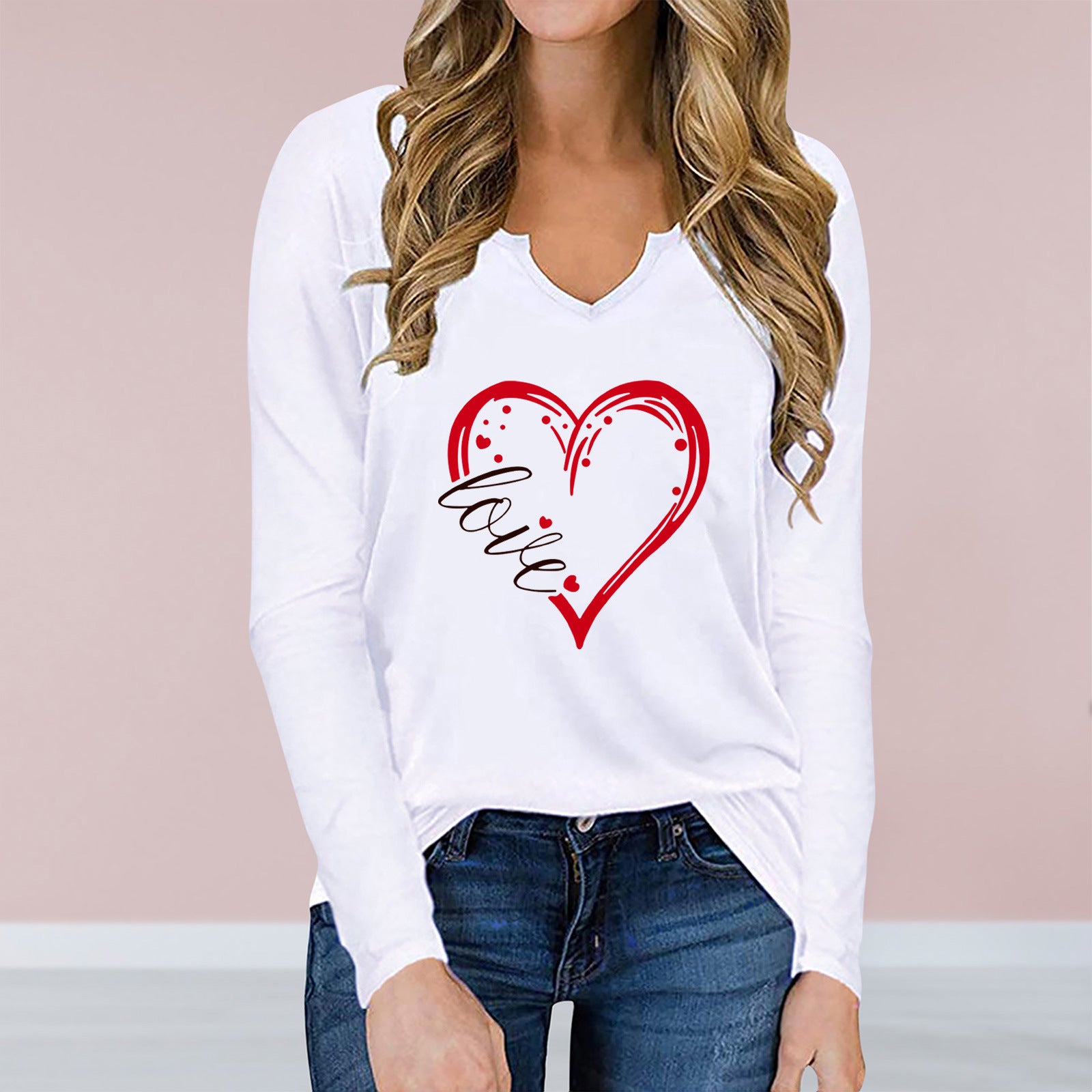 Vneck Valentines Day Printed Tshirt Cross-border Longsleeved Loose Top