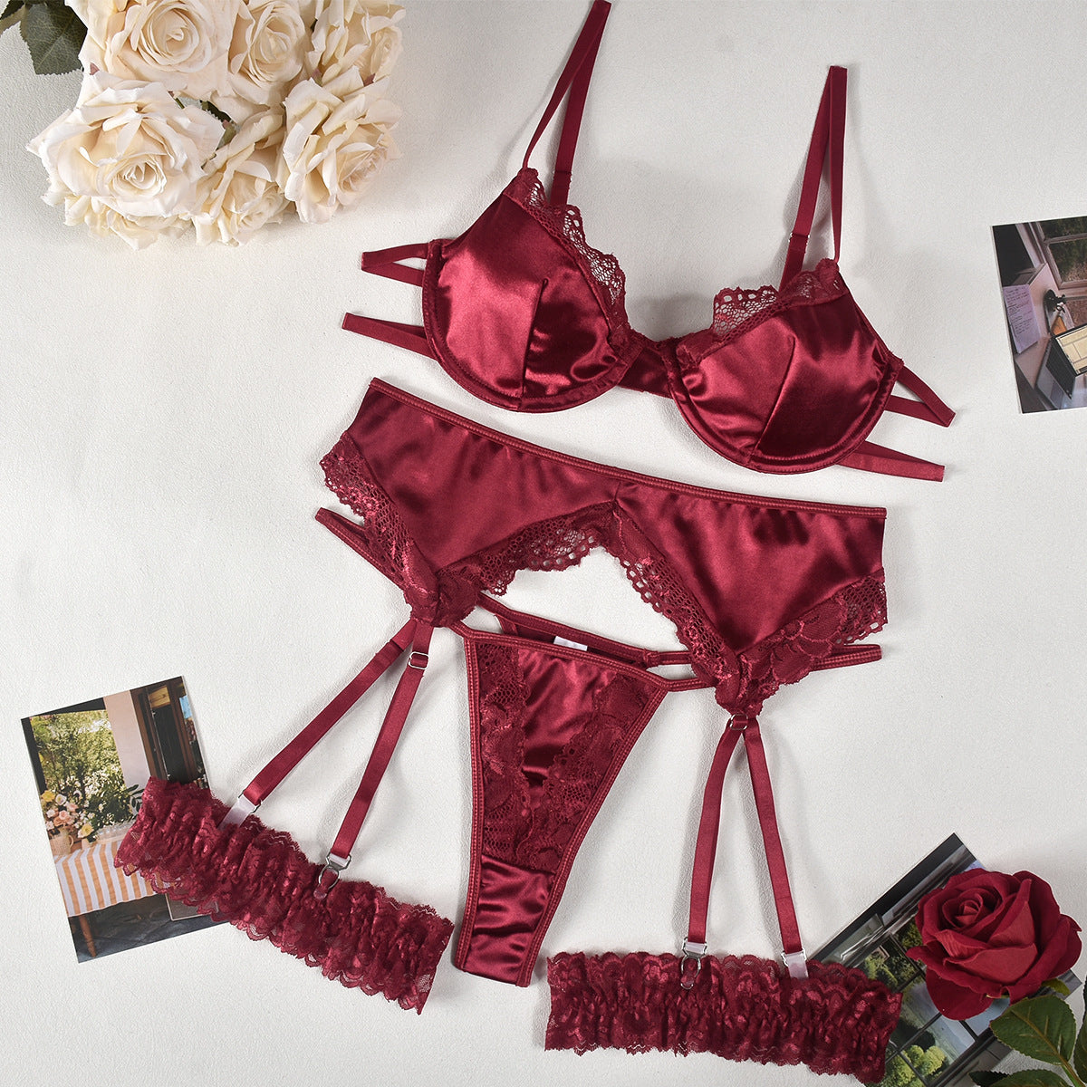 Lace Satin Bra Garter Match Sets Wine Red