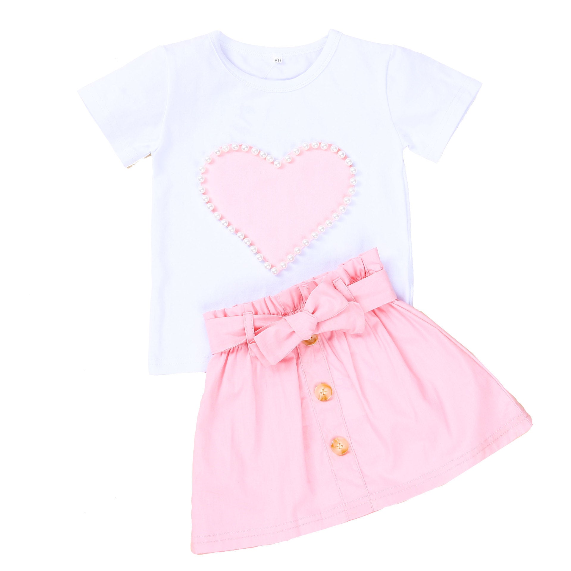 European And American Inspired 2-Piece White Short Sleeve With Pearl Love Design + Baby Bow Skirt Set For Girls