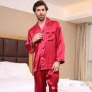 Unisex Silk 2-Piece Long Sleeved Shirt And Pants Pajama Set Male Red