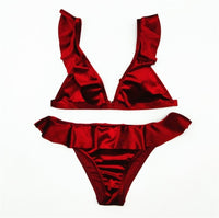 Women Ice Velvet Ruffle Bikini Sets Band Red