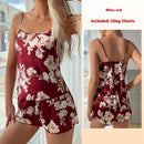 Print Suspender Shorts Pajamas Suit 428 Wine Red