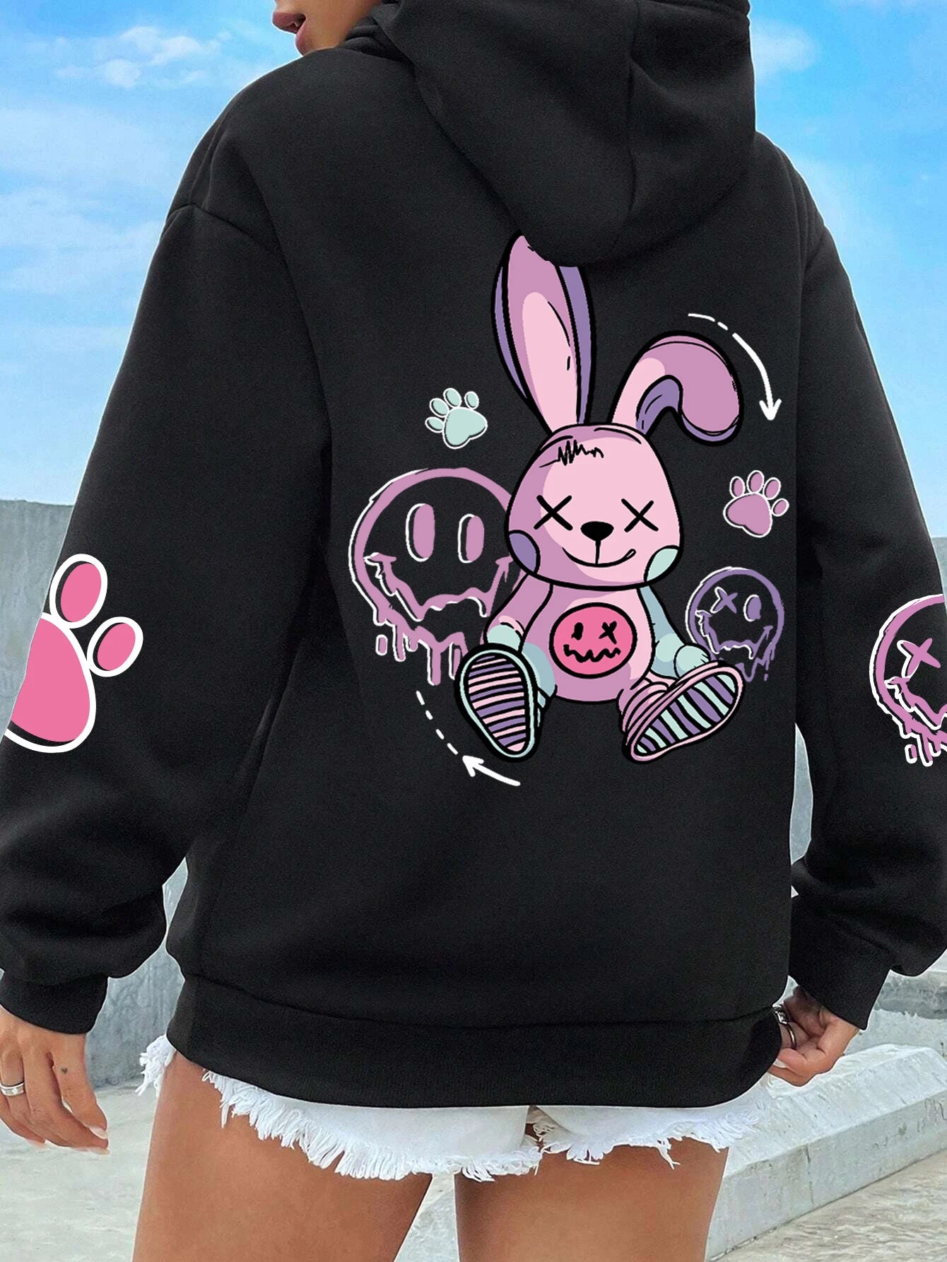 Casual Printed Female Hoodies Black XL