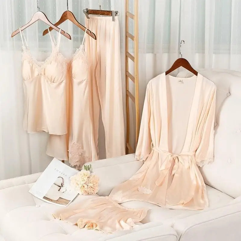 5PCS Lady Pajamas Set Champagne - B XL