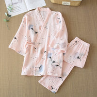 Cotton Kimono Loungewear Set Pink Ginkgo Biloba