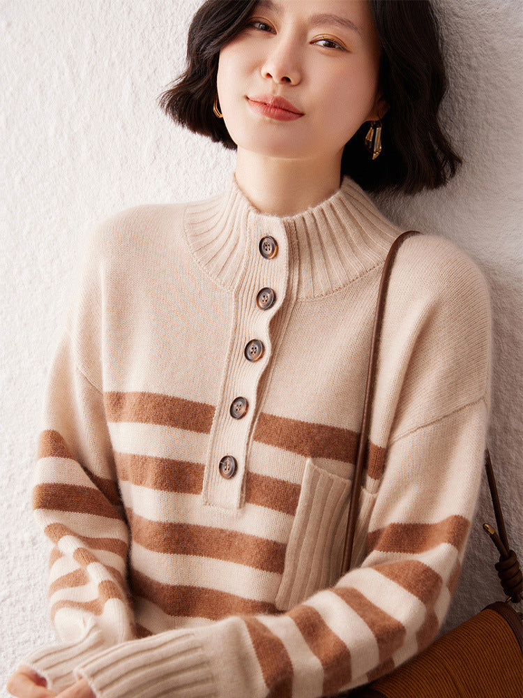 Pure Cashmere Sweater Striped Sweater Beige Bottom Coffee Stripes