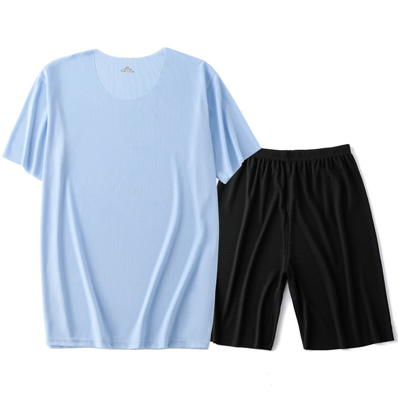 Home Wear Short Sleeve Shorts Suit Pajamas Light Blue Suit Black Trousers