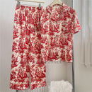 Fashion Print Flower 2PCS Pajamas Set Red Short Sleeve M