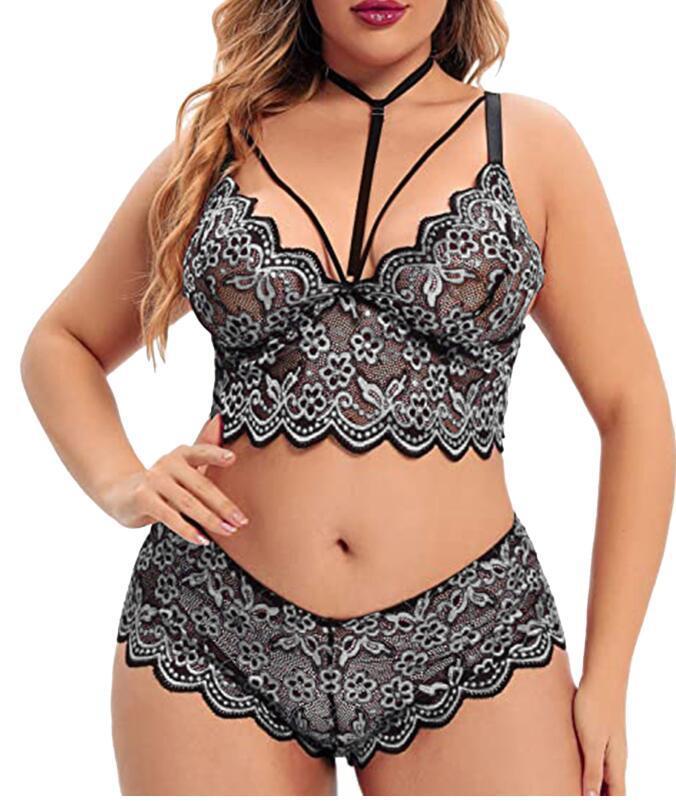 Two-Piece Plus Size Silk Lingerie Underwear Black and white flowers