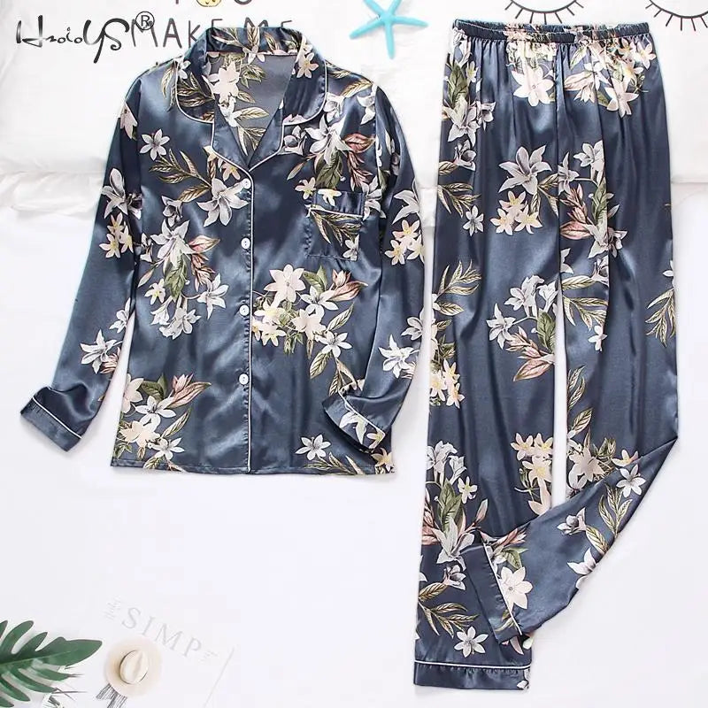 Spring women Silk Pyjamas set LG Blue Flower S