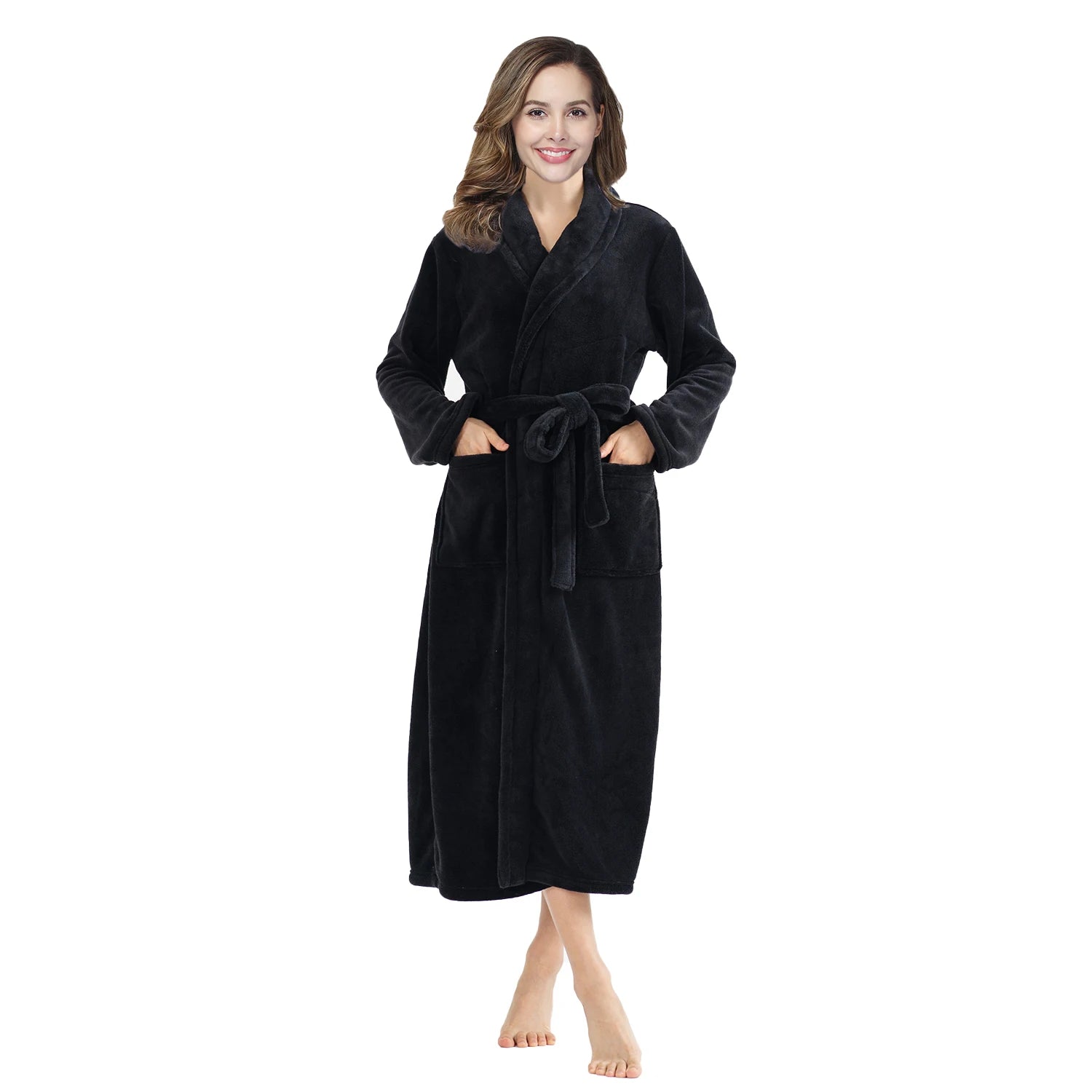 lapel bathrobe women robe black L