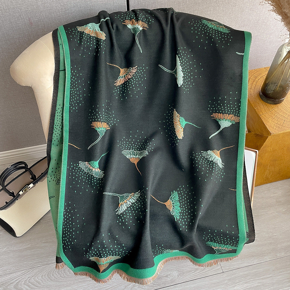 Cashmere-like Thick Warm Tassel Decorative Scarf Black And Green 180x65cm